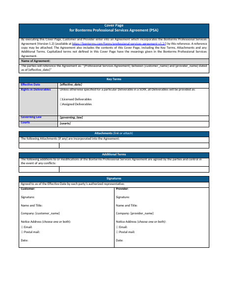 Bonterms Professional Services Agreement template preview