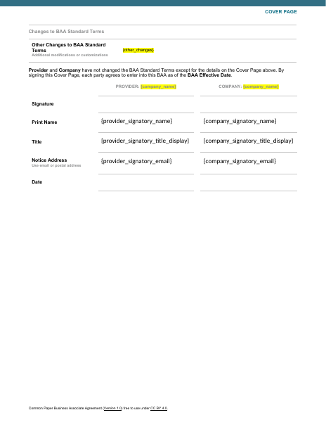 Common Paper Business Associate Agreement template preview