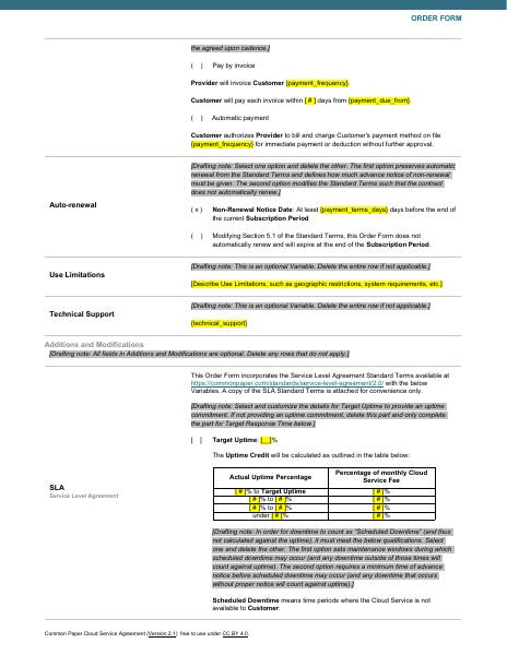 Common Paper CSA With SLA template preview