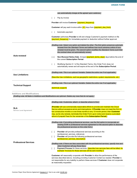 Common Paper CSA Without SLA template preview