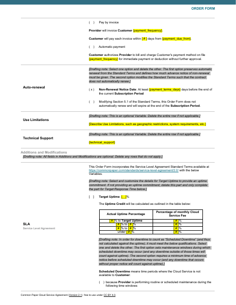 Common Paper Order Form with SLA template preview