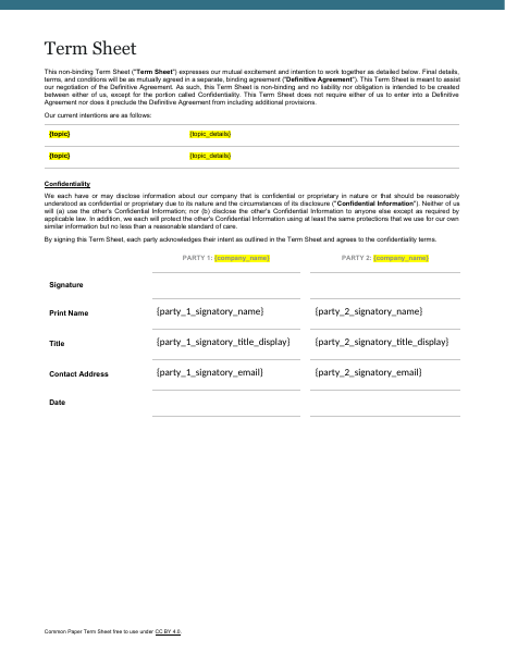 Common Paper Term Sheet template preview