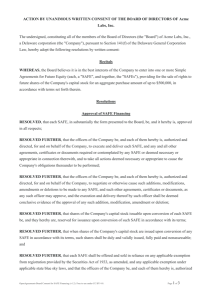 Board Consent for SAFE Financing template preview