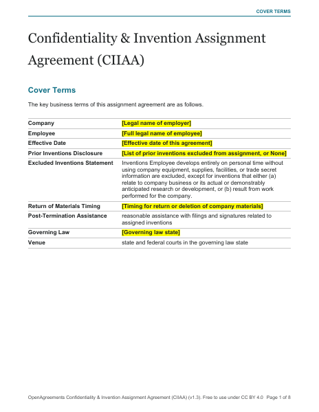 Confidentiality & Invention Assignment Agreement (CIIAA) template preview