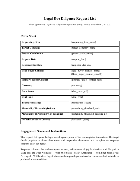 OpenAgreements Legal Due Diligence Request List template preview