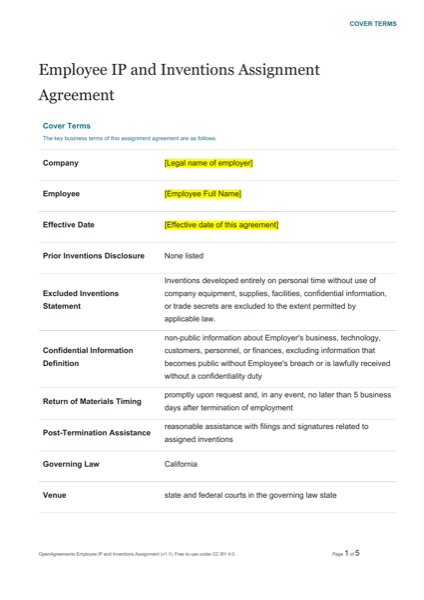 OpenAgreements Employee IP and Inventions Assignment template preview