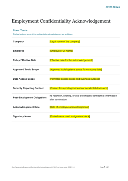 OpenAgreements Employment Confidentiality Acknowledgement template preview