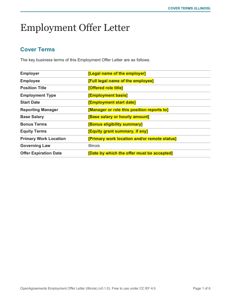 Employment Offer Letter (Illinois) template preview