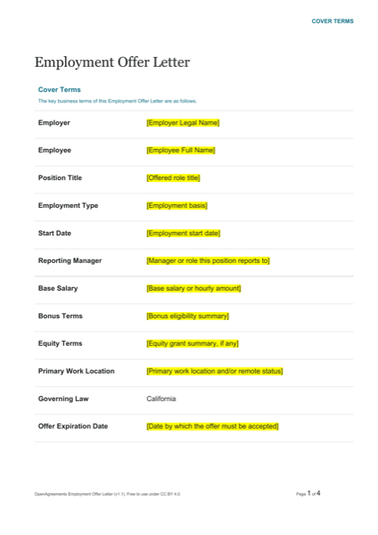 OpenAgreements Employment Offer Letter template preview