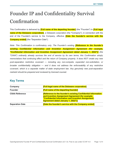 Founder IP and Confidentiality Survival Confirmation template preview