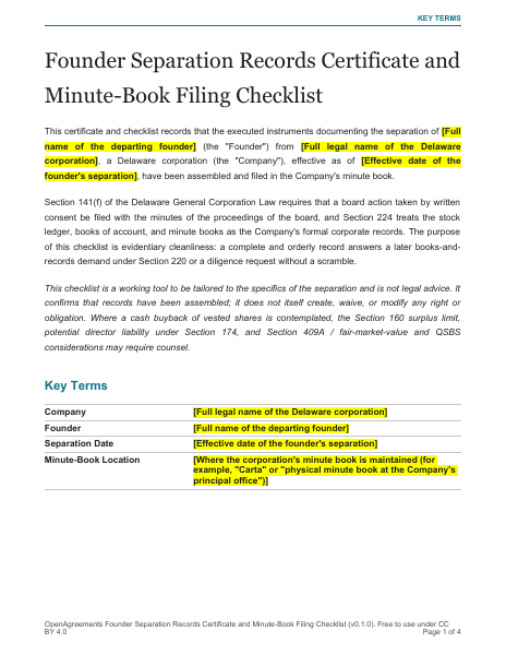 Founder Separation Records Certificate and Minute-Book Filing Checklist template preview