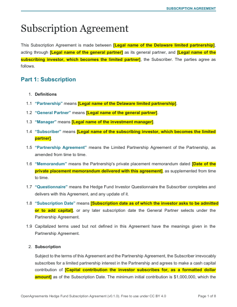 Hedge Fund Subscription Agreement template preview
