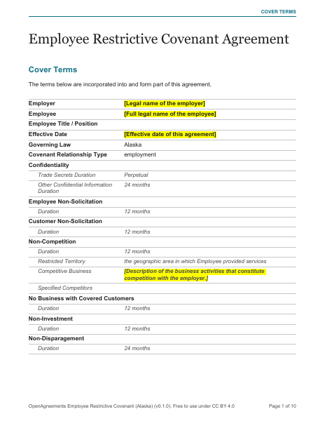 Employee Restrictive Covenant (Alaska) template preview