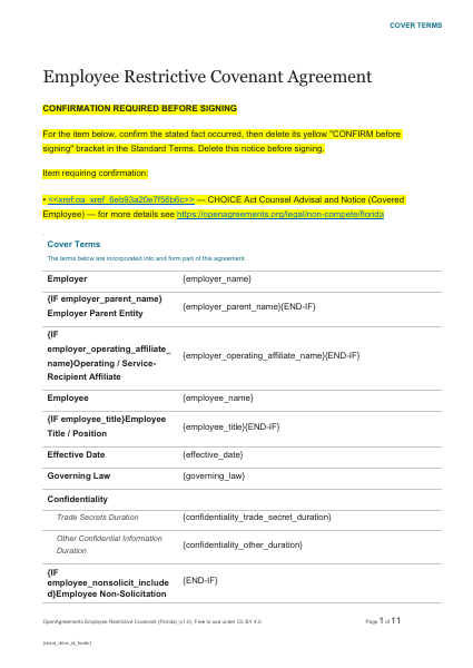 OpenAgreements Employee Restrictive Covenant (Florida) template preview