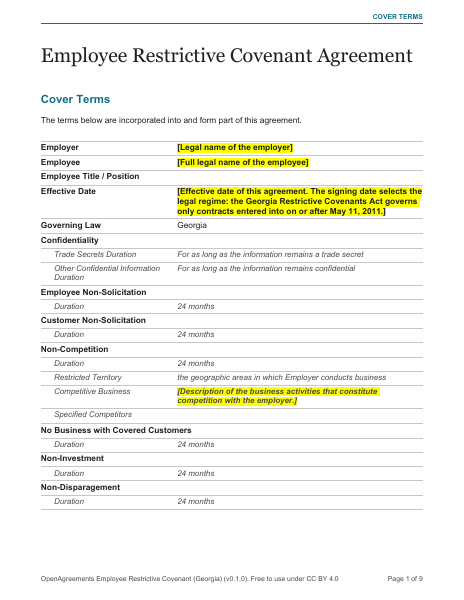 Employee Restrictive Covenant (Georgia) template preview