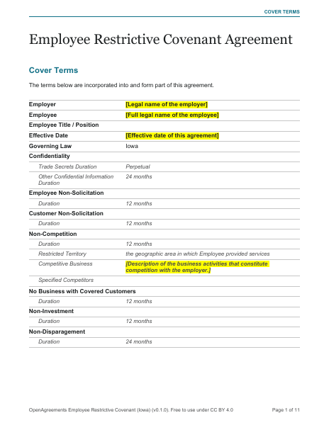 Employee Restrictive Covenant (Iowa) template preview