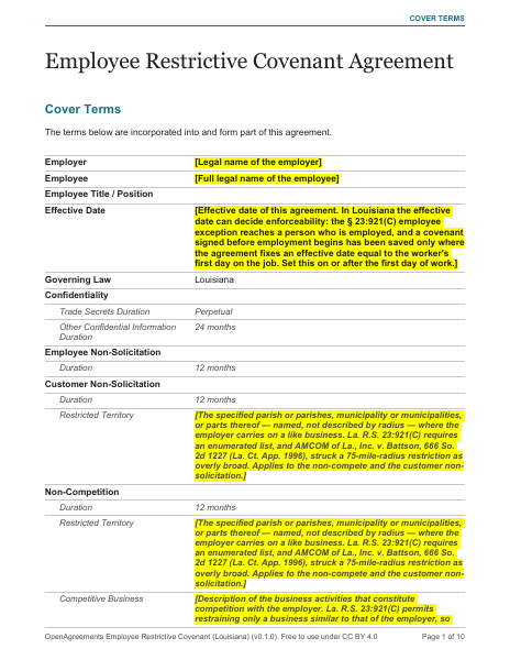 Employee Restrictive Covenant (Louisiana) template preview