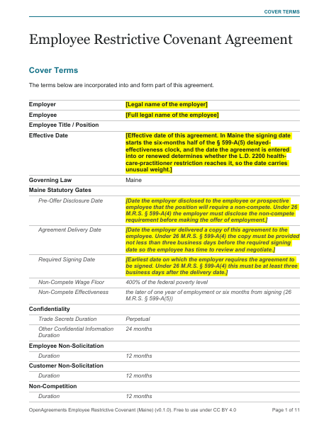 Employee Restrictive Covenant (Maine) template preview