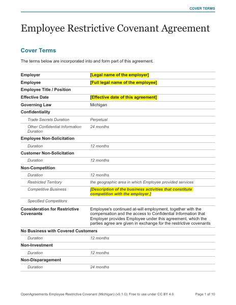 Employee Restrictive Covenant (Michigan) template preview