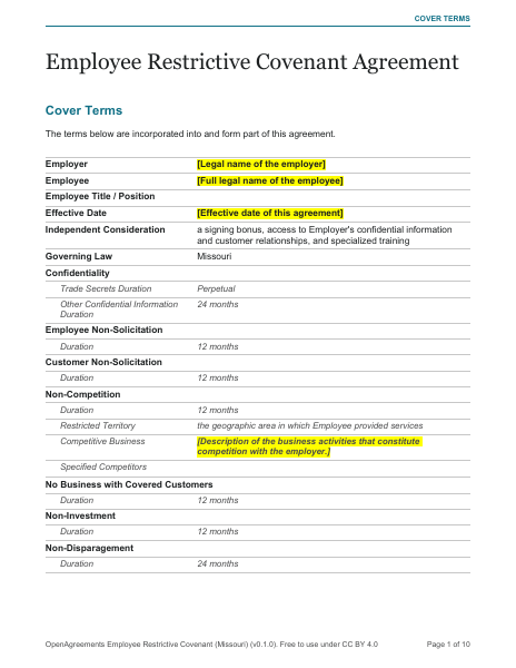 Employee Restrictive Covenant (Missouri) template preview