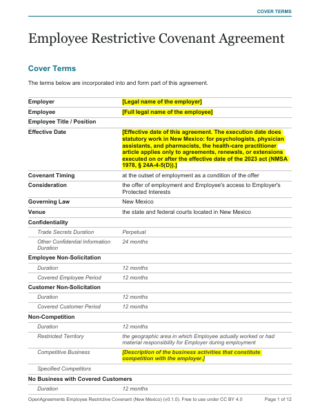 Employee Restrictive Covenant (New Mexico) template preview