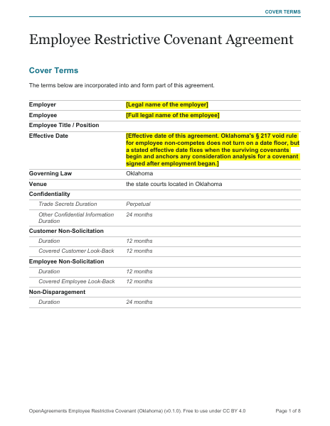 Employee Restrictive Covenant (Oklahoma) template preview