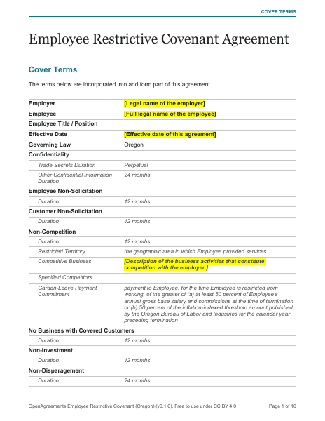 Employee Restrictive Covenant (Oregon) template preview