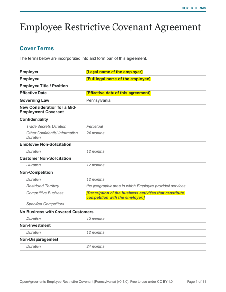 Employee Restrictive Covenant (Pennsylvania) template preview