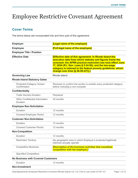 Employee Restrictive Covenant (Rhode Island) template preview