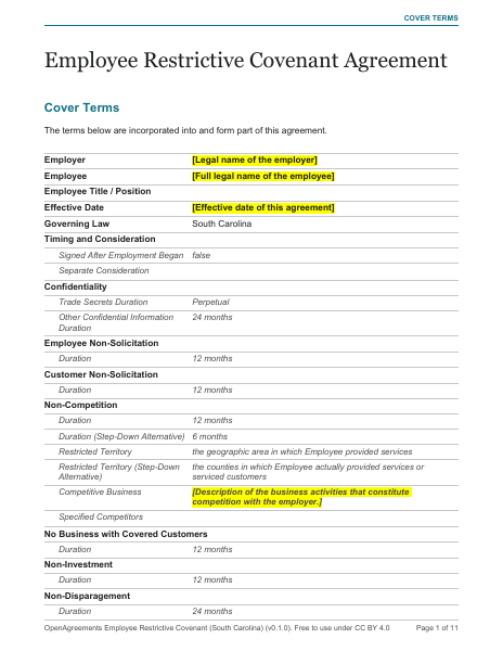 Employee Restrictive Covenant (South Carolina) template preview