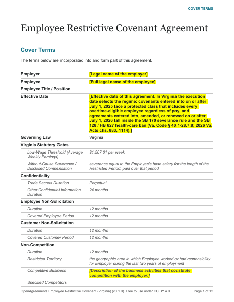 Employee Restrictive Covenant (Virginia) template preview