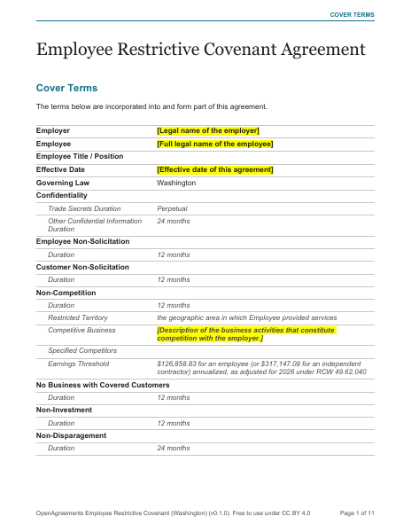 Employee Restrictive Covenant (Washington) template preview