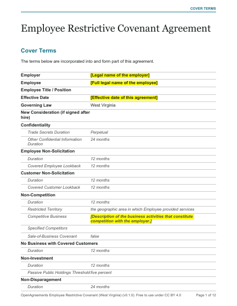 Employee Restrictive Covenant (West Virginia) template preview
