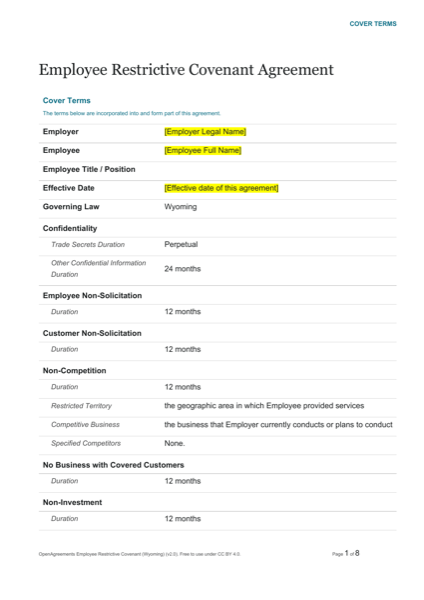 OpenAgreements Employee Restrictive Covenant (Wyoming) template preview