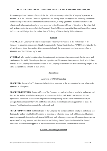 Stockholder Consent for SAFE Financing template preview