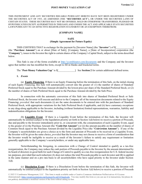 YC Post-Money SAFE — Valuation Cap template preview